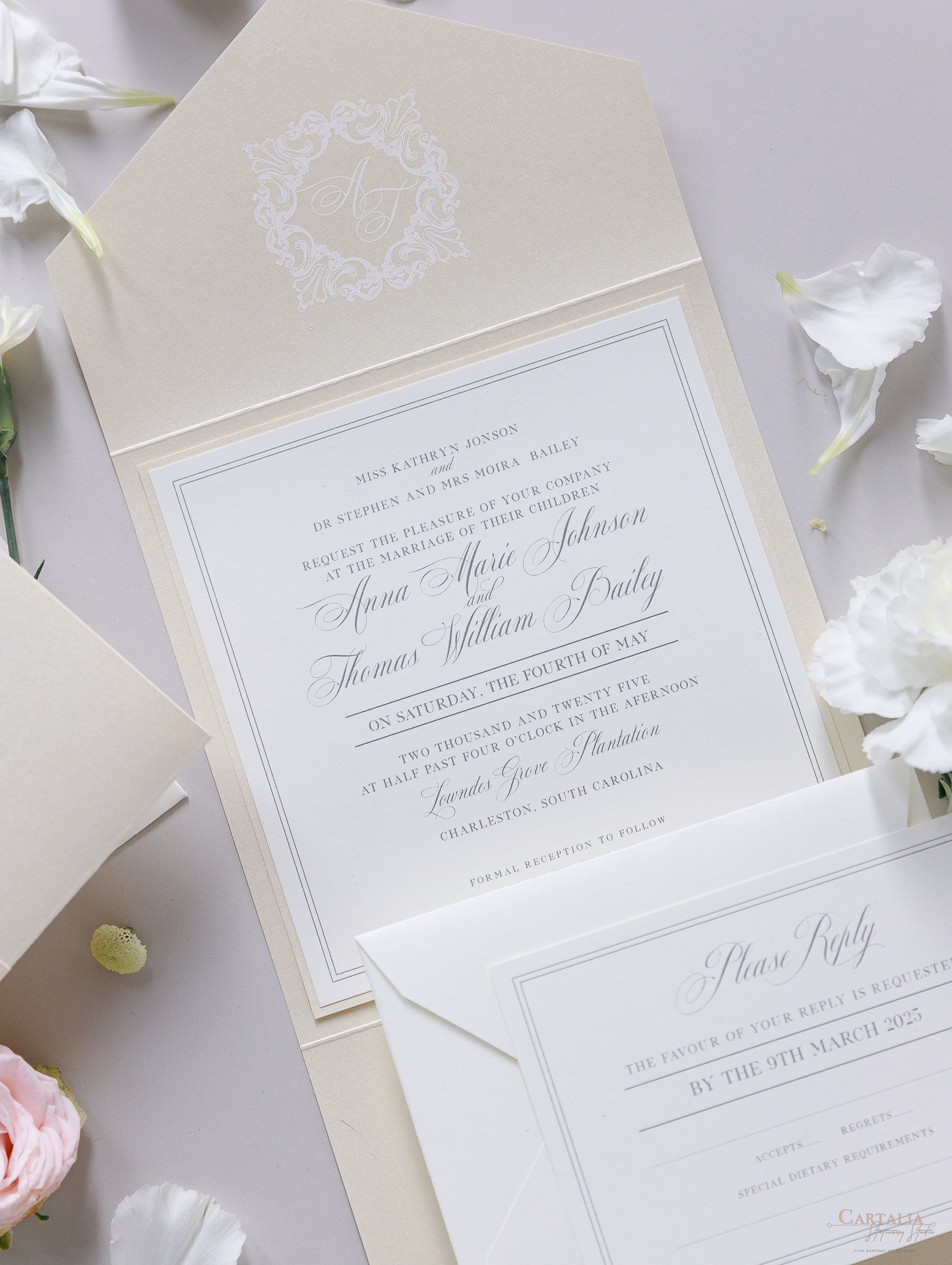 Embossed Luxury Pearl Pocket Fold Invitation with Reception and Rsvp C –  Cartalia