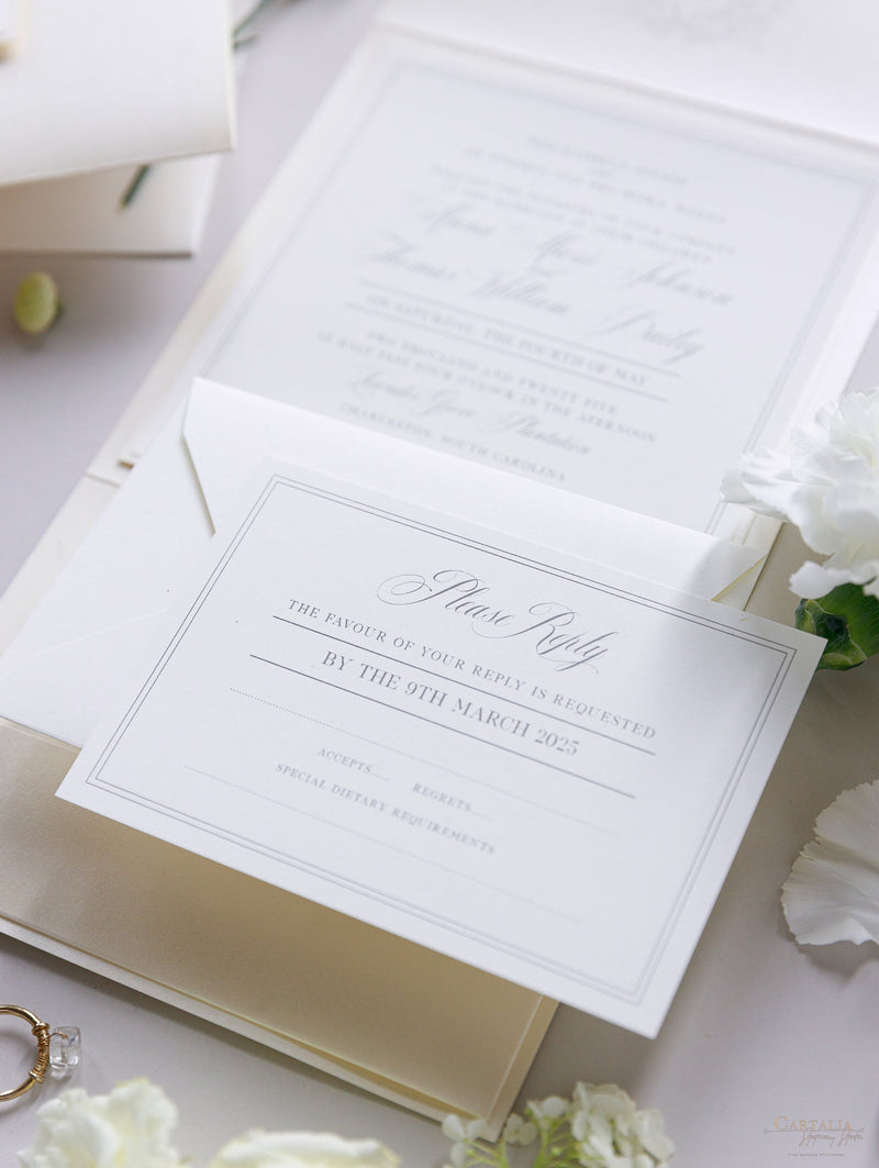 Luxury Timeless Champagne Pearlised Folder Pocket with Rsvp Card