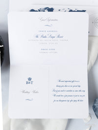 Silver & Navy Blue FOLDER Travel Wallet: Luxury Wedding Passport Invitation Suite in Pocket & Mirror Tag