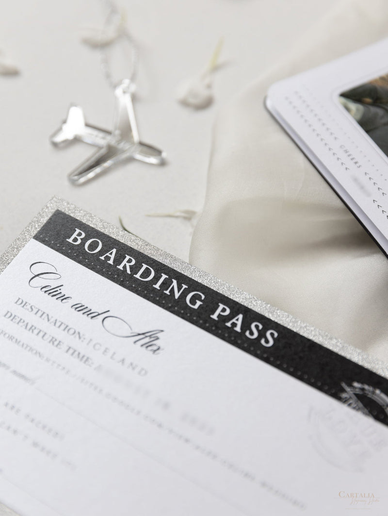 Black Luxury Passport Wedding Invitation Suite with Silver Glitter & Real Silver Foil
