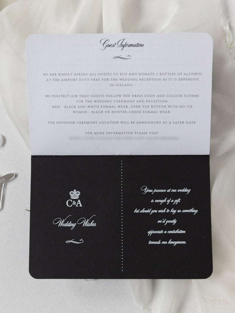 Black Luxury Passport Wedding Invitation Suite with Silver Glitter & Real Silver Foil