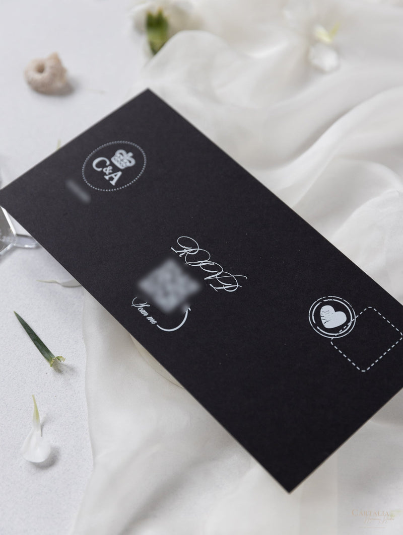 Black Luxury Passport Wedding Invitation Suite with Silver Glitter & Real Silver Foil