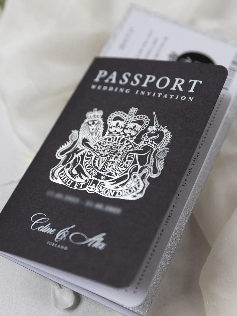 Black Luxury Passport Wedding Invitation Suite with Silver Glitter & Real Silver Foil