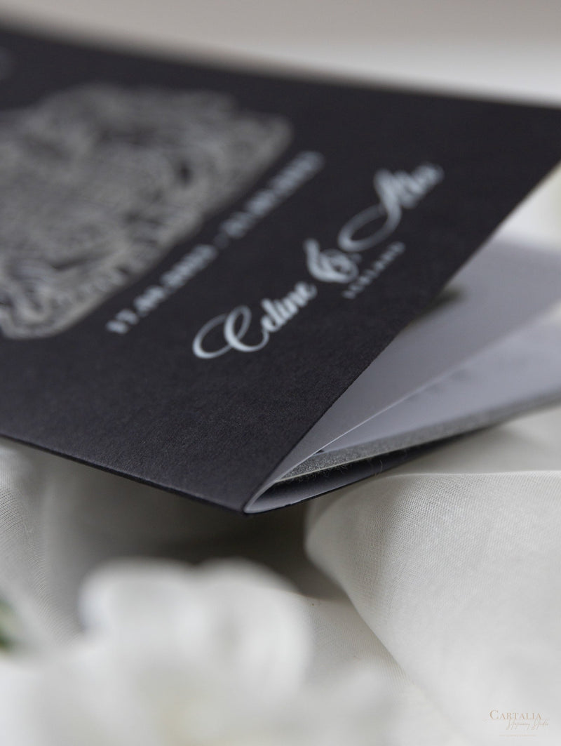 Black Luxury Passport Wedding Invitation Suite with Silver Glitter & Real Silver Foil