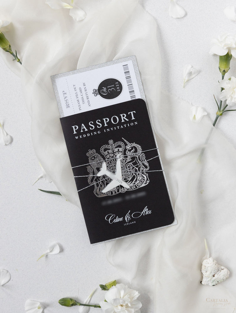 Black Luxury Passport Wedding Invitation Suite with Silver Glitter & Real Silver Foil