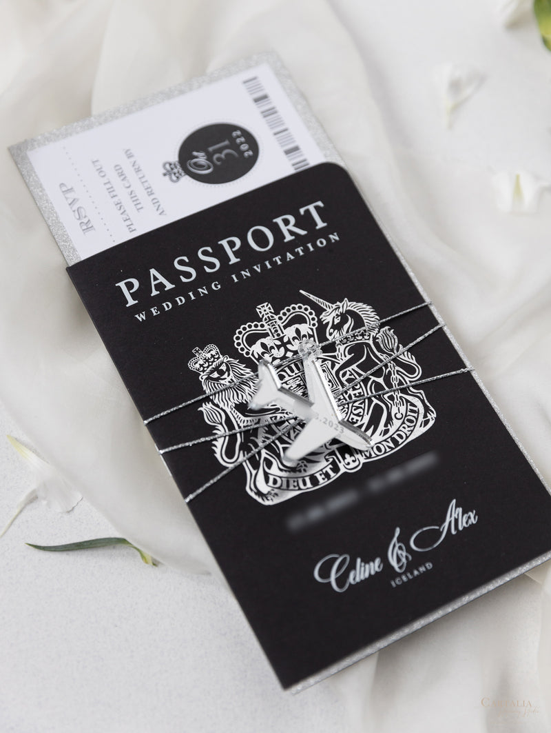 Black Luxury Passport Wedding Invitation Suite with Silver Glitter & Real Silver Foil