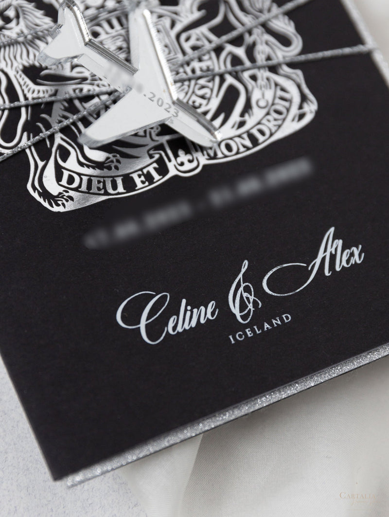 Black Luxury Passport Wedding Invitation Suite with Silver Glitter & Real Silver Foil
