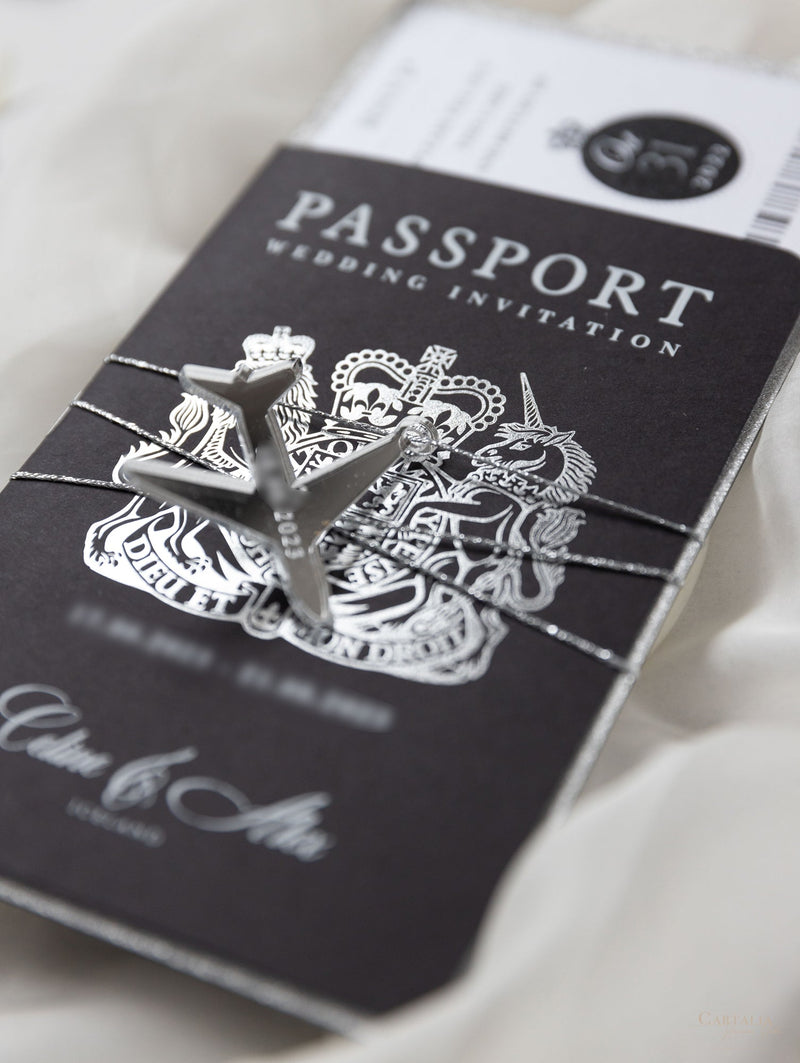 Black Luxury Passport Wedding Invitation Suite with Silver Glitter & Real Silver Foil