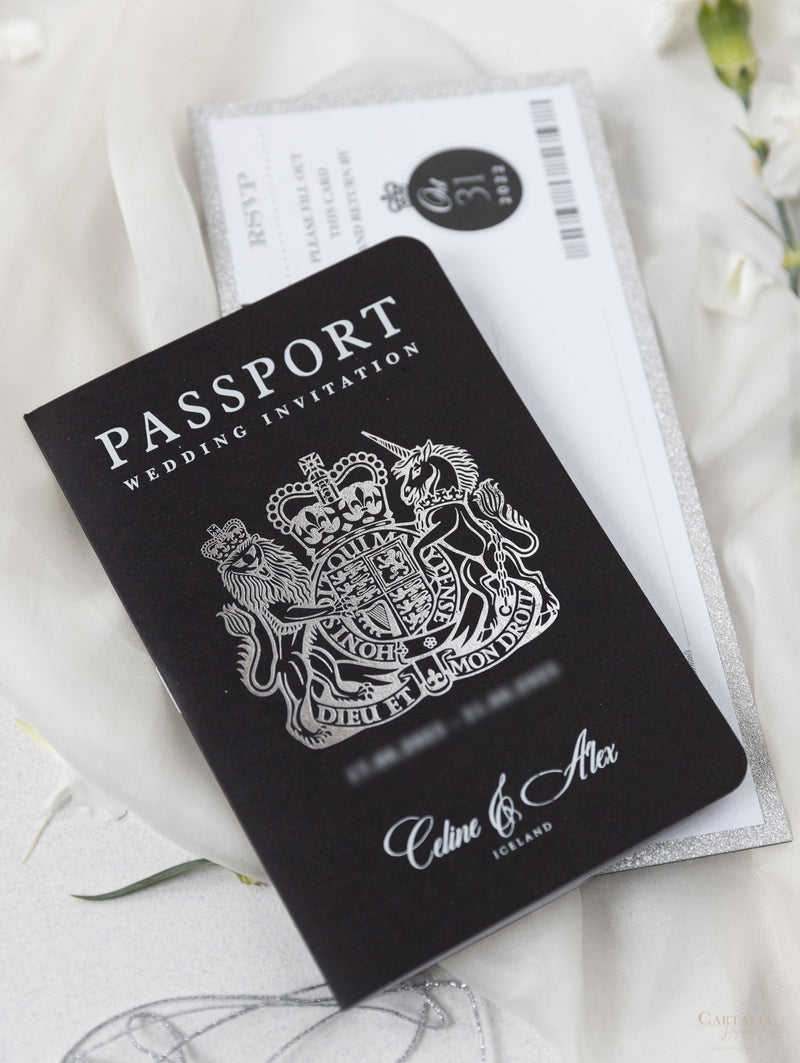 Black Luxury Passport Wedding Invitation Suite with Silver Glitter & Real Silver Foil