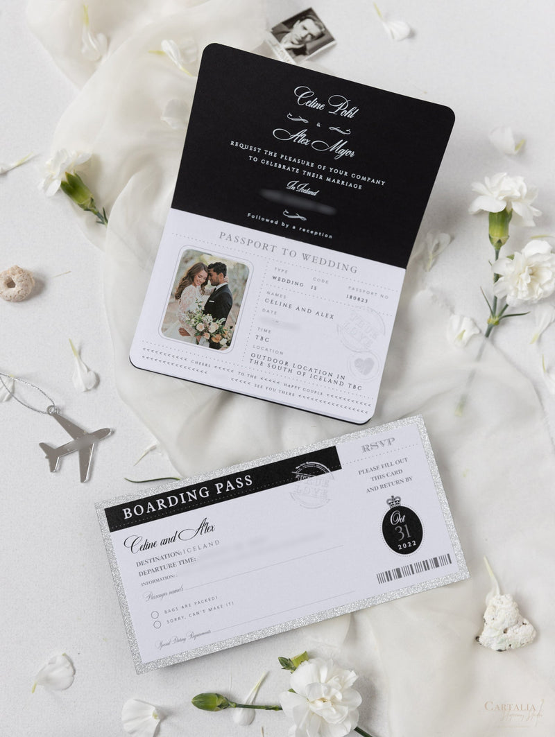 Black Luxury Passport Wedding Invitation Suite with Silver Glitter & Real Silver Foil