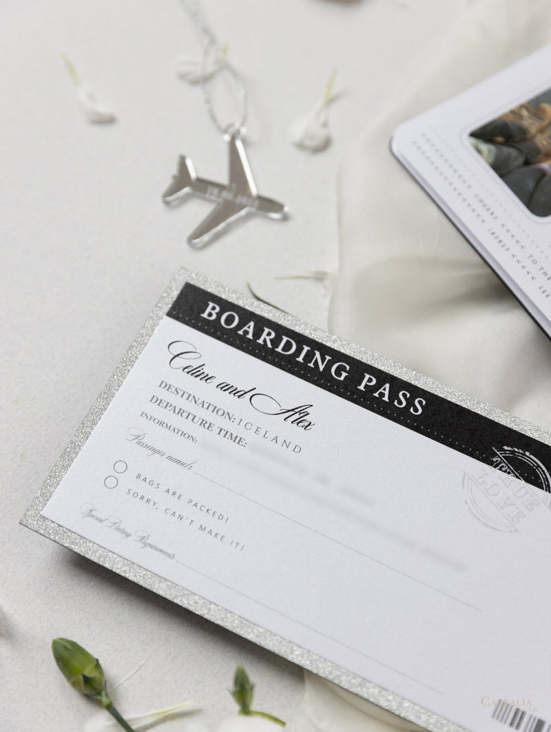 Black Luxury Passport Wedding Invitation Suite with Silver Glitter & Real Silver Foil