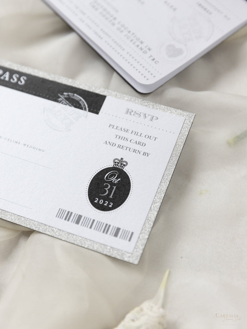 Black Luxury Passport Wedding Invitation Suite with Silver Glitter & Real Silver Foil