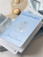 FOLDER Travel Wallet : Luxury Dusty Blue Wedding Passport Invite in Pocket & Silver Mirror Tag Passport Invitation Suite