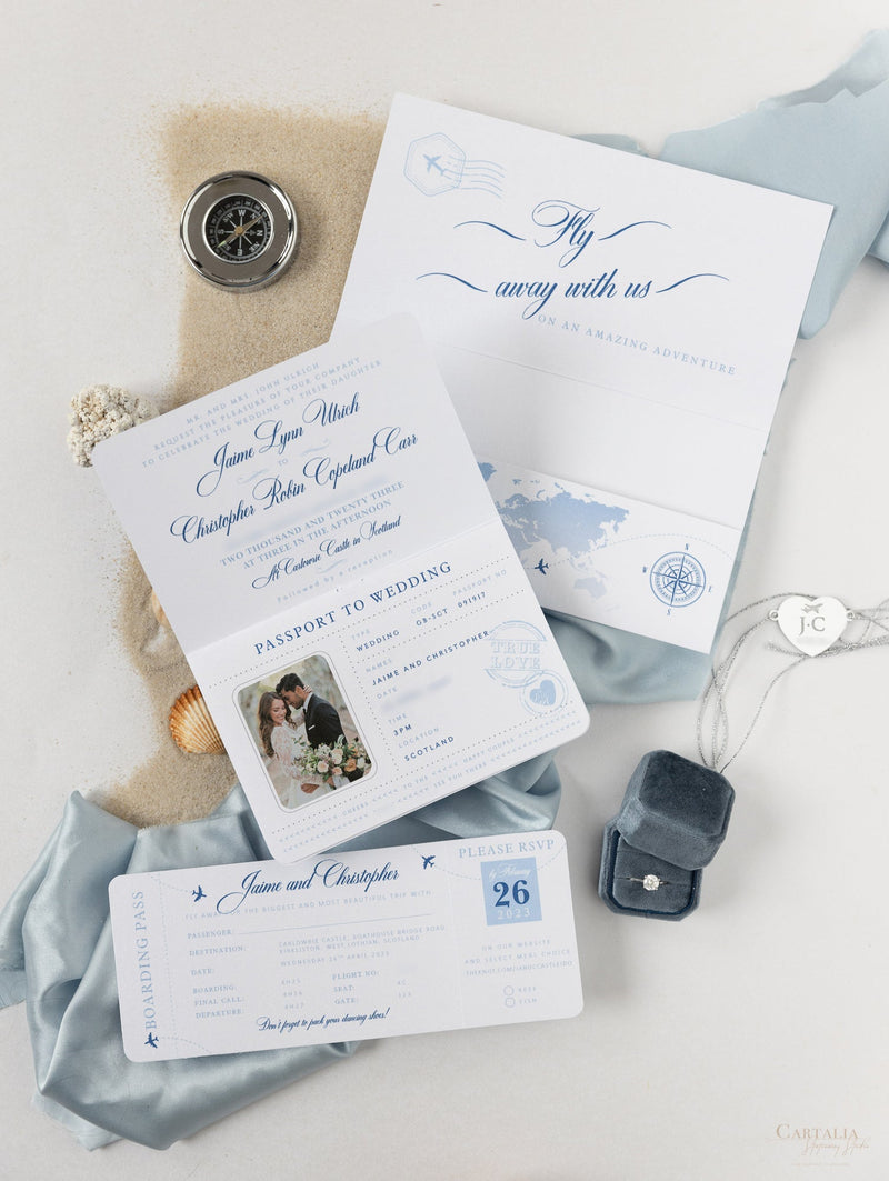 FOLDER Travel Wallet : Luxury Dusty Blue Wedding Passport Invite in Pocket & Silver Mirror Tag Passport Invitation Suite