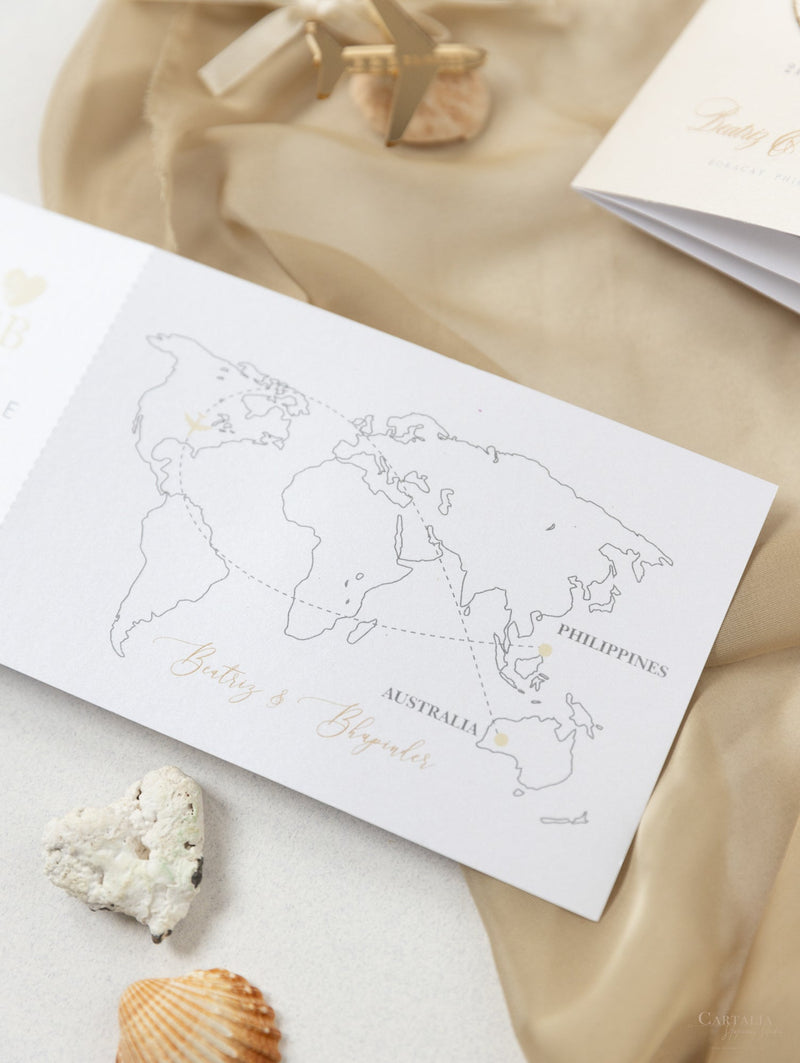 Nude & Gold Passport Wedding Invitation - Luxury Engraved Plane in Gold Plexi, Palm Tree Invitation