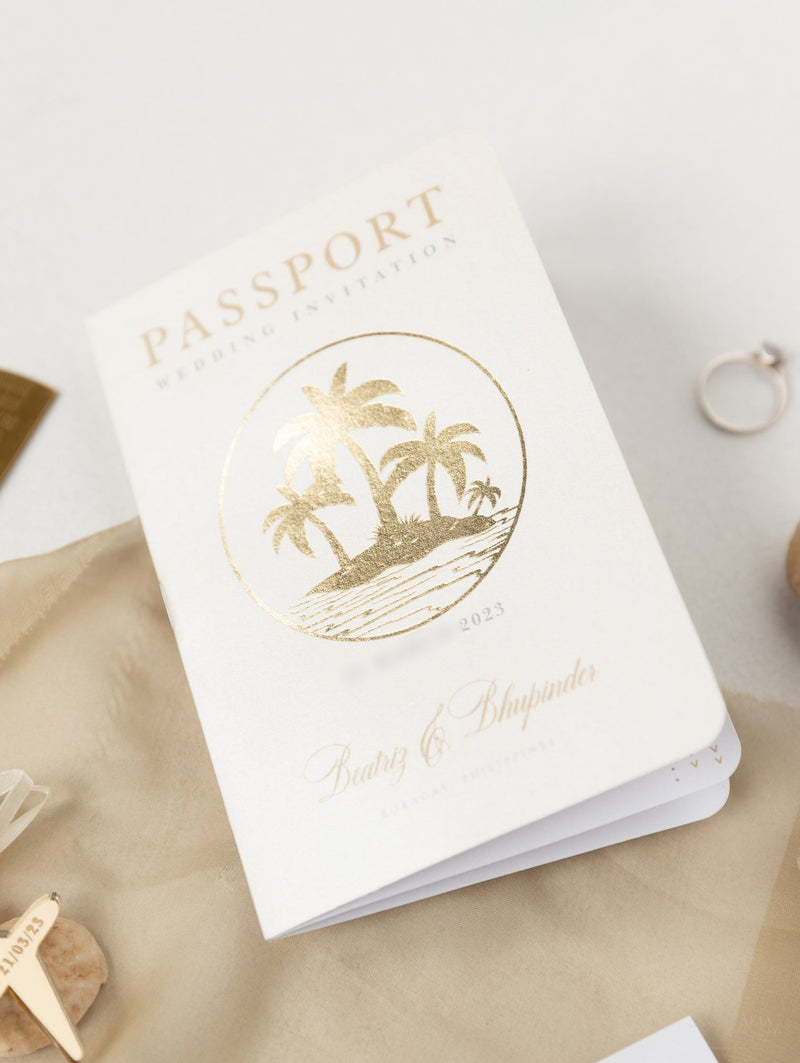 Nude & Gold Passport Wedding Invitation - Luxury Engraved Plane in Gold Plexi, Palm Tree Invitation