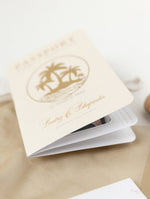 Nude & Gold Passport Wedding Invitation - Luxury Engraved Plane in Gold Plexi, Palm Tree Invitation