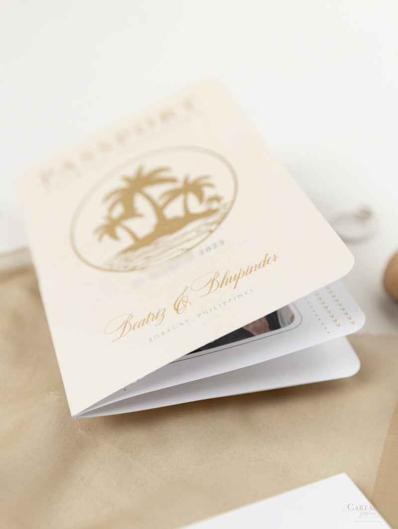 Nude & Gold Passport Wedding Invitation - Luxury Engraved Plane in Gold Plexi, Palm Tree Invitation
