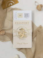Nude & Gold Passport Wedding Invitation - Luxury Engraved Plane in Gold Plexi, Palm Tree Invitation