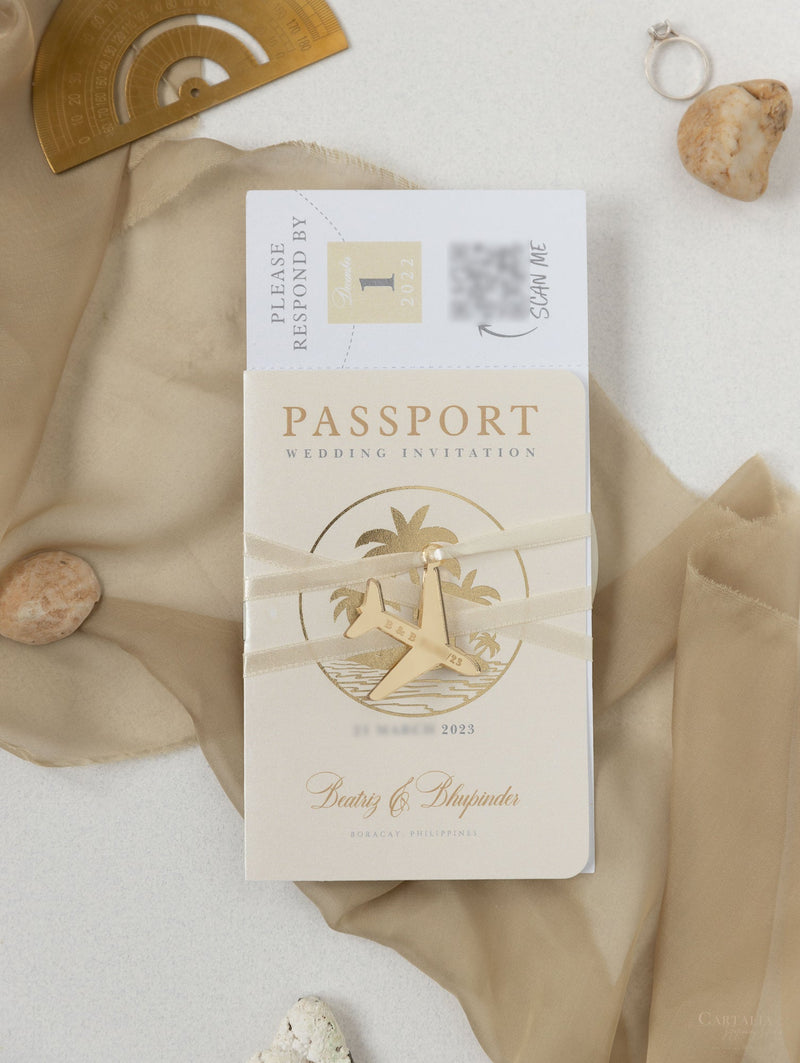 Nude & Gold Passport Wedding Invitation - Luxury Engraved Plane in Gold Plexi, Palm Tree Invitation