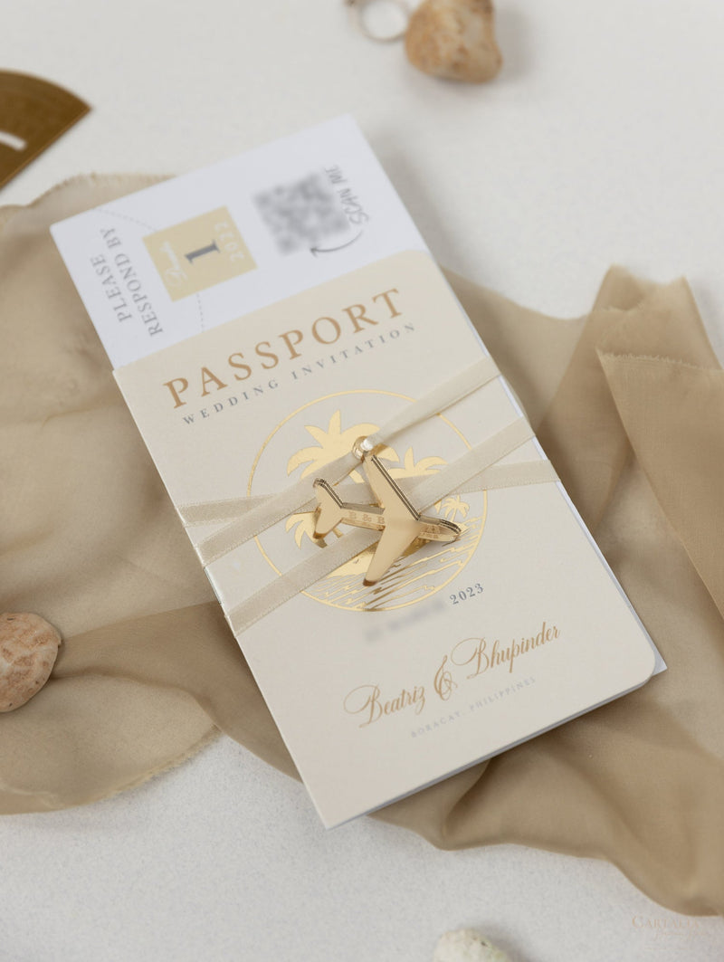 Nude & Gold Passport Wedding Invitation - Luxury Engraved Plane in Gold Plexi, Palm Tree Invitation