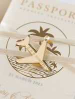 Nude & Gold Passport Wedding Invitation - Luxury Engraved Plane in Gold Plexi, Palm Tree Invitation