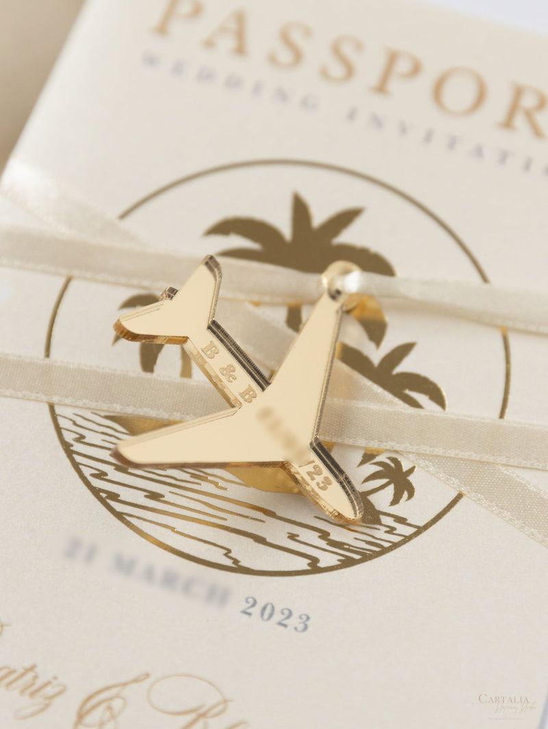 Nude & Gold Passport Wedding Invitation - Luxury Engraved Plane in Gold Plexi, Palm Tree Invitation