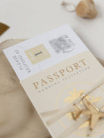 Nude & Gold Passport Wedding Invitation - Luxury Engraved Plane in Gold Plexi, Palm Tree Invitation