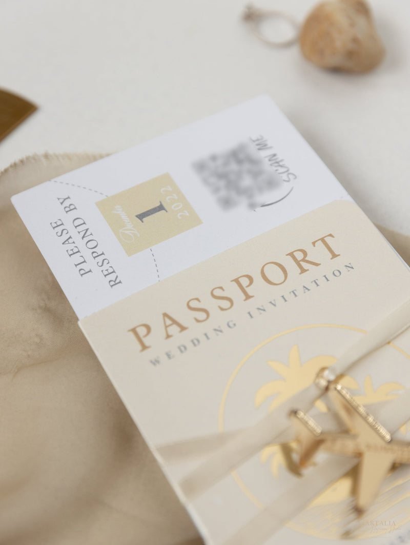Nude & Gold Passport Wedding Invitation - Luxury Engraved Plane in Gold Plexi, Palm Tree Invitation