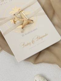 Invitación de boda con pasaporte desnudo y dorado - Avión grabado de lujo en plexi dorado, invitación a palmera
