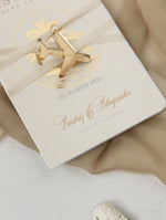 Nude & Gold Passport Wedding Invitation - Luxury Engraved Plane in Gold Plexi, Palm Tree Invitation