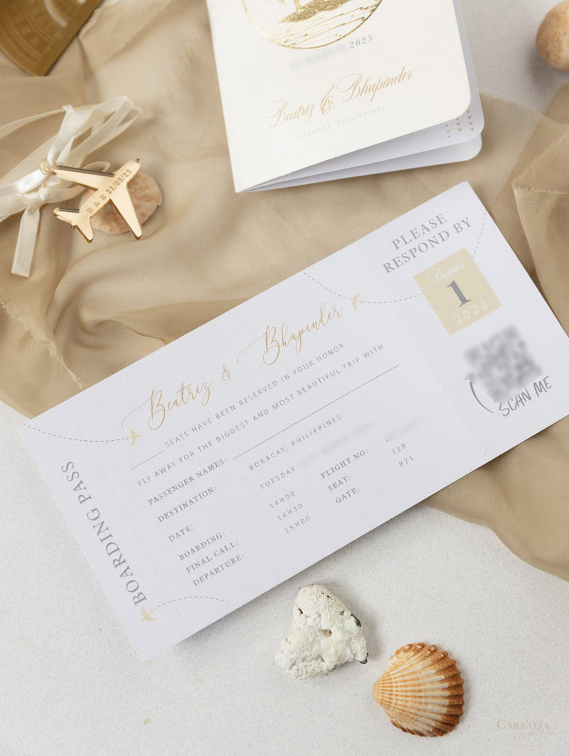 Nude & Gold Passport Wedding Invitation - Luxury Engraved Plane in Gold Plexi, Palm Tree Invitation