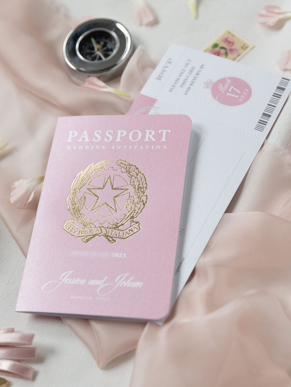 Blush Pink Passport Wedding Invitation - Luxury Engraved Plane in Gold –  Cartalia