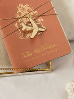 Terracotta, Cinnamon Luxury Passport Wedding Invitation with Gold String & Gold Glitter, Real Foil