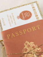 Terracotta, Cinnamon Luxury Passport Wedding Invitation with Gold String & Gold Glitter, Real Foil