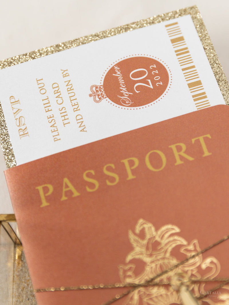 Terracotta, Cinnamon Luxury Passport Wedding Invitation with Gold String & Gold Glitter, Real Foil