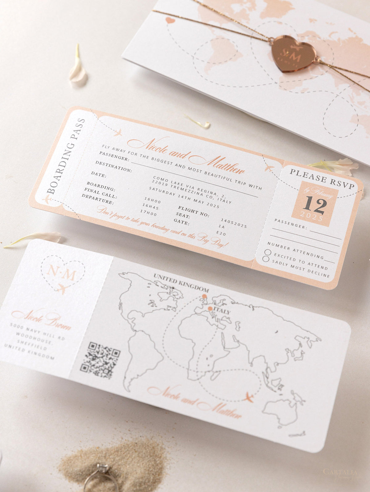 FOLDER Travel Wallet : Luxury Rose Gold Wedding Passport Invite with Qr Code  in Pocket & Mirror Tag Passport Invitation Suite