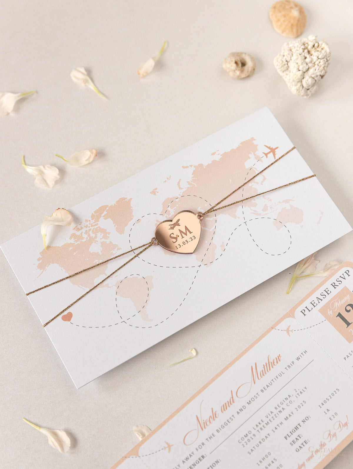 FOLDER Travel Wallet : Luxury Rose Gold Wedding Passport Invite with Qr Code  in Pocket & Mirror Tag Passport Invitation Suite