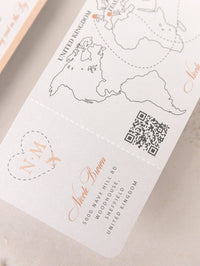 FOLDER Cartera de viaje: Invitación de pasaporte de boda de lujo en oro rosa con código QR en bolsillo y etiqueta de espejo Suite de invitación de pasaporte