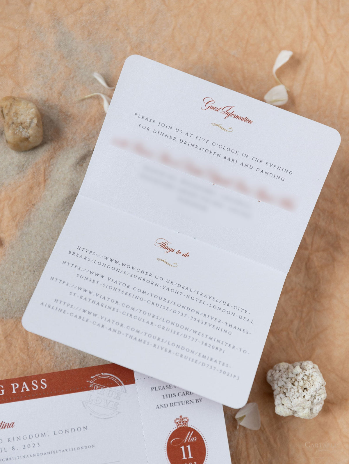 Burnt Orange Passport Wedding Invitation - Luxury Engraved Plane in Gold Plexi Passport & Copper Foil Destination Wedding