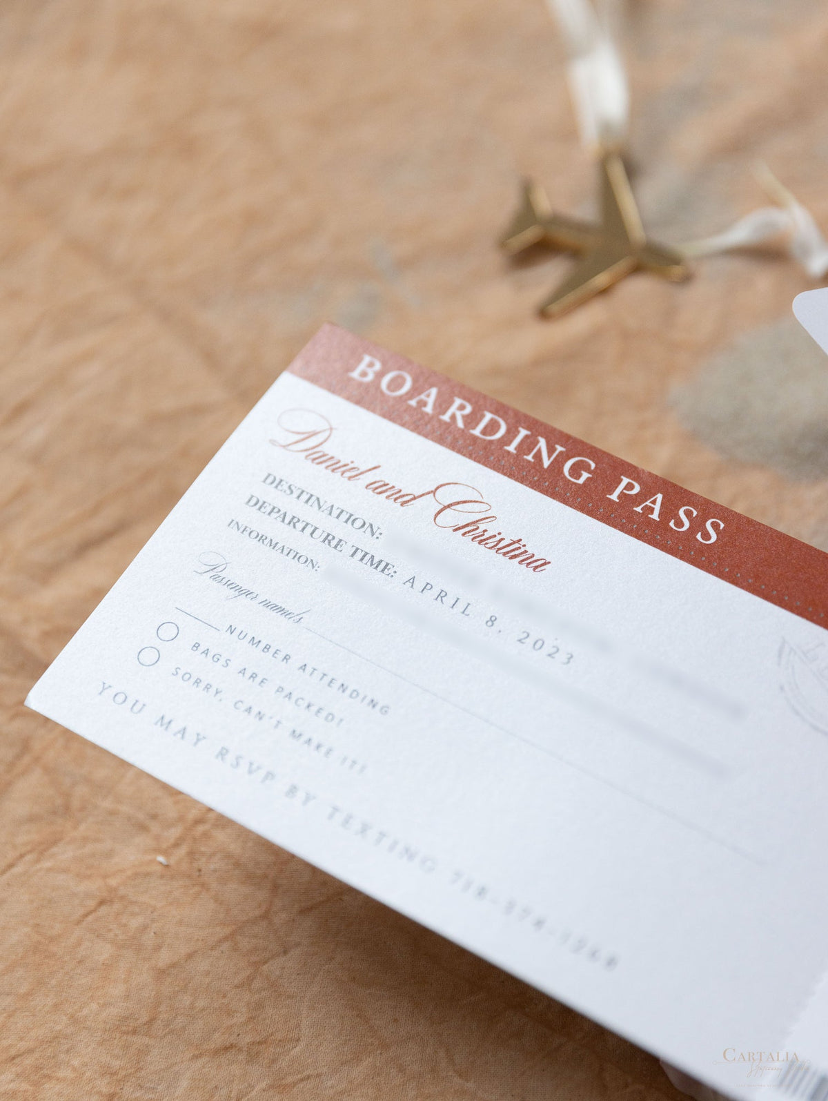 Burnt Orange Passport Wedding Invitation - Luxury Engraved Plane in Gold Plexi Passport & Copper Foil Destination Wedding