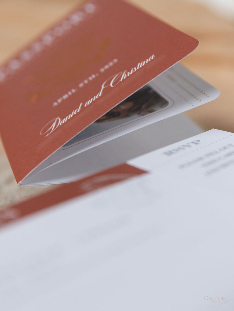 Burnt Orange Passport Wedding Invitation - Luxury Engraved Plane in Gold Plexi Passport & Copper Foil Destination Wedding