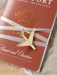 Burnt Orange Passport Wedding Invitation - Luxury Engraved Plane in Gold Plexi Passport & Copper Foil Destination Wedding