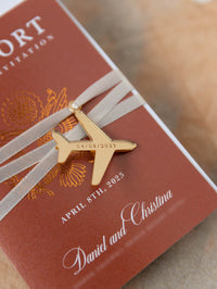 Burnt Orange Passport Wedding Invitation - Luxury Engraved Plane in Gold Plexi Passport & Copper Foil Destination Wedding