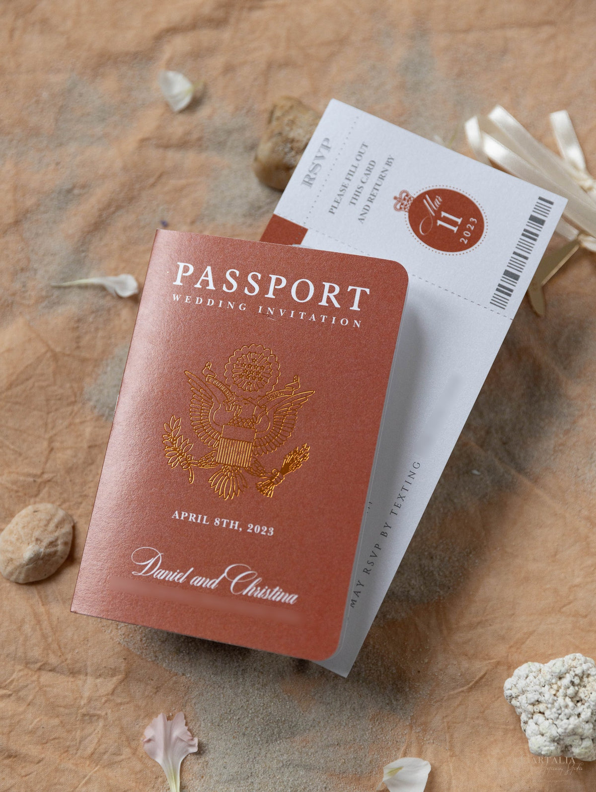 Burnt Orange Passport Wedding Invitation - Luxury Engraved Plane in Gold Plexi Passport & Copper Foil Destination Wedding