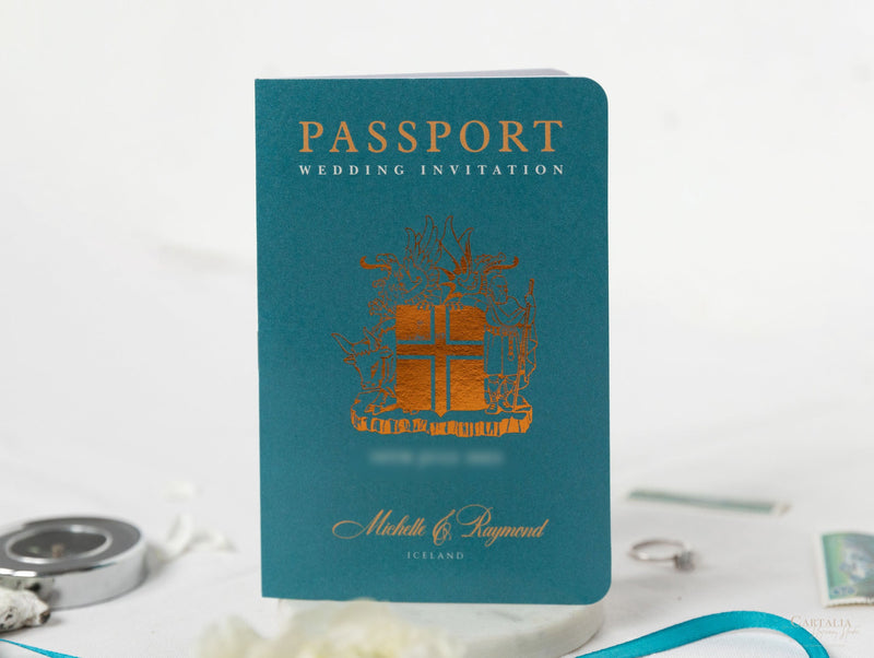 Teal Blue & Gold Passport Wedding Invitation - Luxury Engraved Plane in Gold Plexi Passport & Copper Foil Destination Wedding