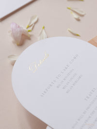 Suite de invitación de boda de lujo Villa del Balbianello | Folio estilo bolsillo con lugar de acuarela y lámina dorada | Boda en el lago de Como