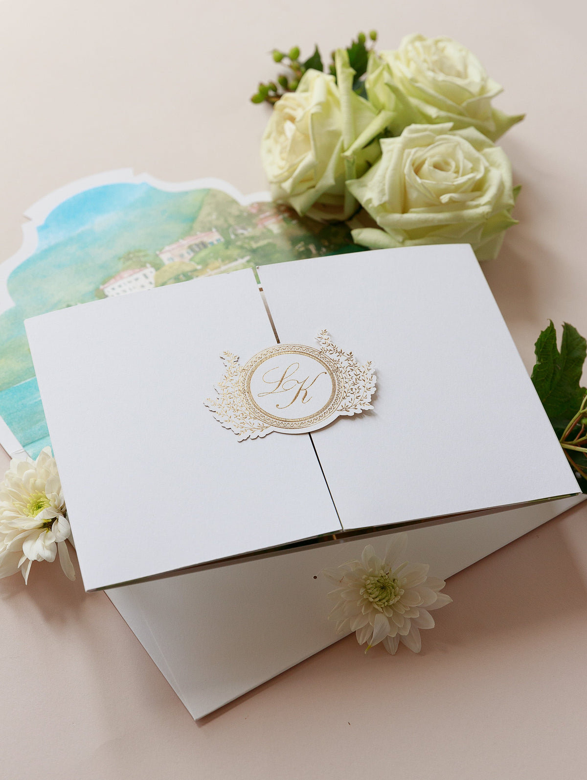 Villa del Balbianello Luxury Wedding Invitation Suite | Pocketstyle Folio with Watercolour Venue and Gold Foil |  Lake Como Wedding