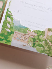 Suite de invitación de boda de lujo Villa del Balbianello | Folio estilo bolsillo con lugar de acuarela y lámina dorada | Boda en el lago de Como