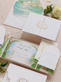 Villa del Balbianello Luxury Wedding Invitation Suite | Pocketstyle Folio with Watercolour Venue and Gold Foil |  Lake Como Wedding